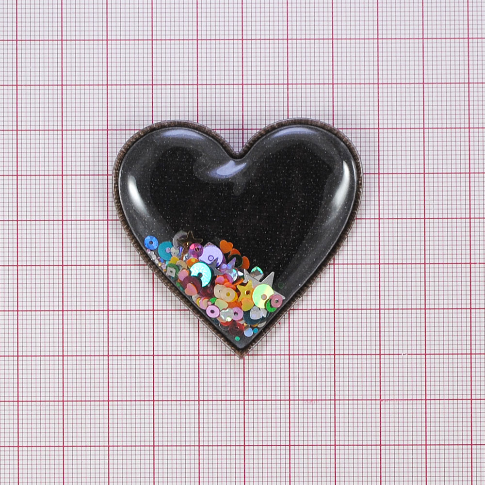 Аппликация пришивная силиконовая Аквариум с пайетками Сердце, 5,5*5,5см, прозрачный, черный, шт. Аппликации Пришивные Резина, Силикон