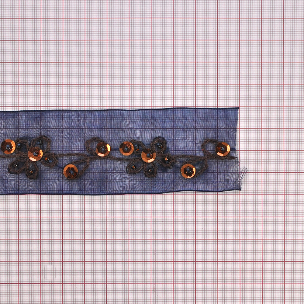 E-117 Тесьма, 4см, органза темно-синяя,  медная вышивка-ветка с цветком, медные пайетки, м. Отделка Тесьма