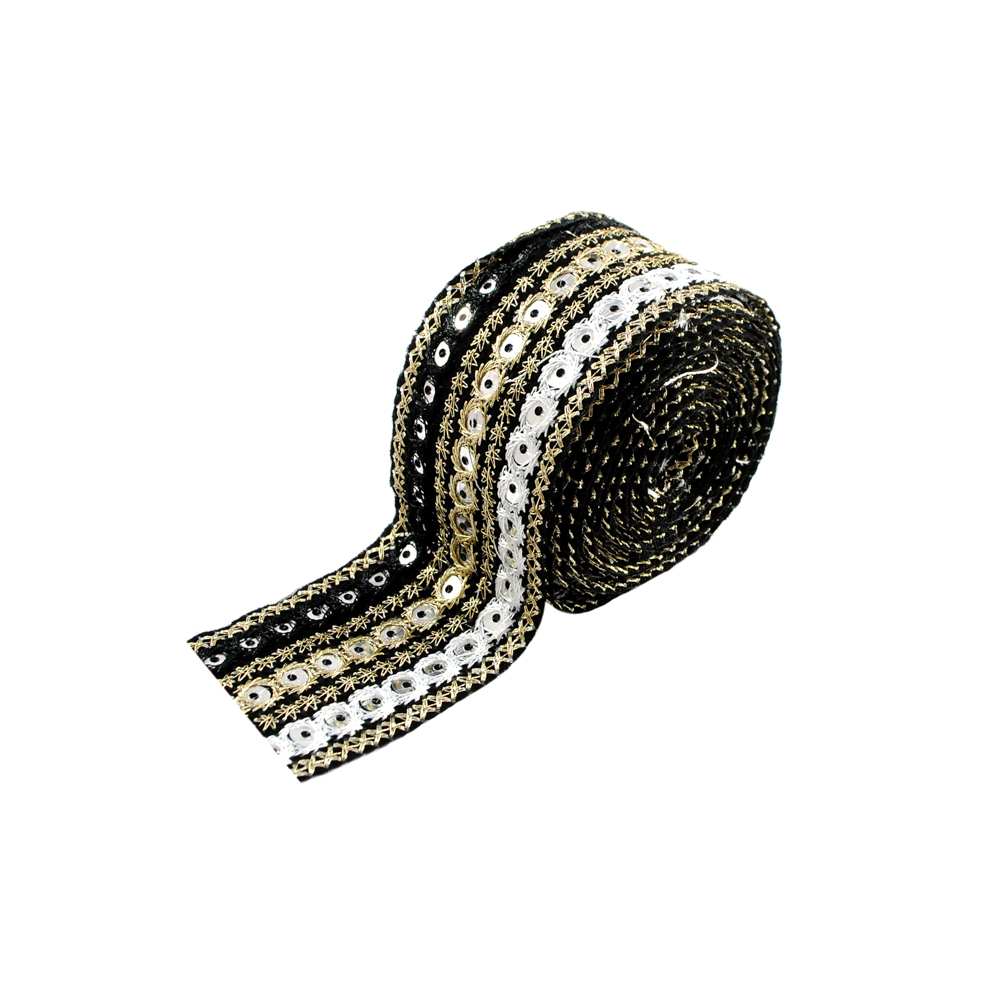 Тесьма Орнамент 4см, черный и золотой люрекс, серебряные пайетки, 15ярд. Тесьма