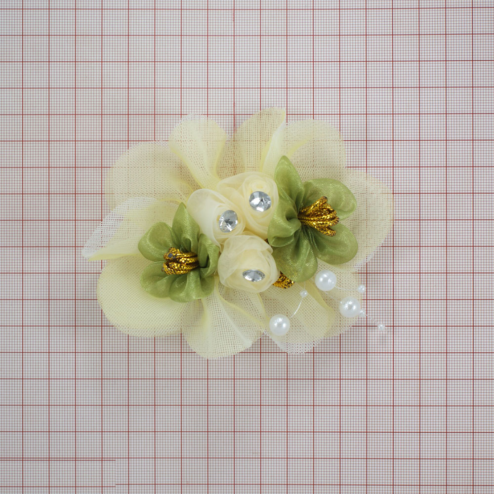 Аппликация декор Букет 8*10см, светло-желтый, оливковый, белые камни, белый жемчуг. Аппликации Пришивные Цветы Банты