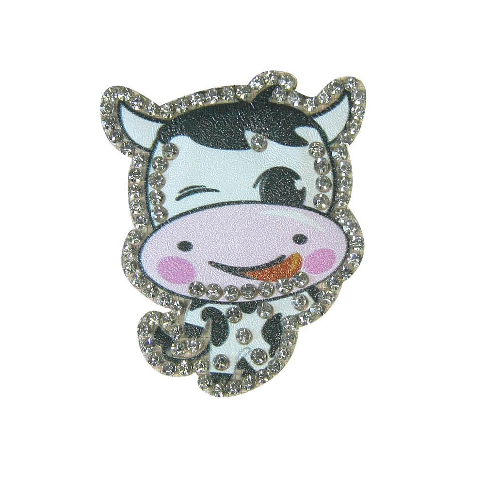 Аппликация клеевая кожзам стразы Коровка 43*54мм бело-черно-розово-красный, белые камни, шт. Аппликации клеевые Кожзам