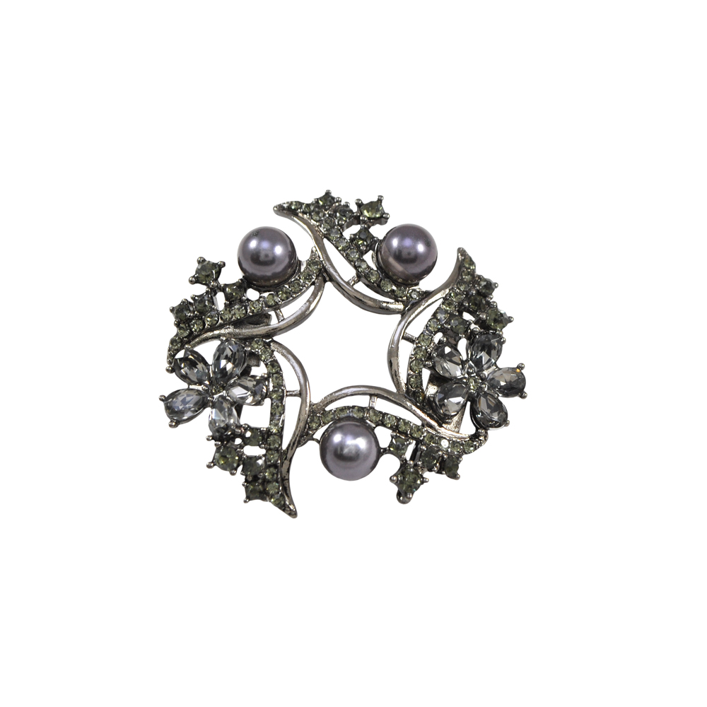 Краб металл Брошь Ромашки и жемчуг 4,3*4,7см, BN, серые камни, серый жемчуг. Крабы Металл Геометрия Декор