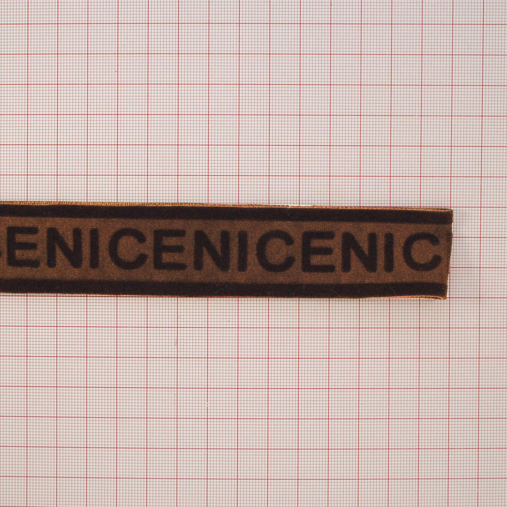 Тесьма велюр NICE 3см, бежевая основа и коричневый лого, 50ярд. Тесьма