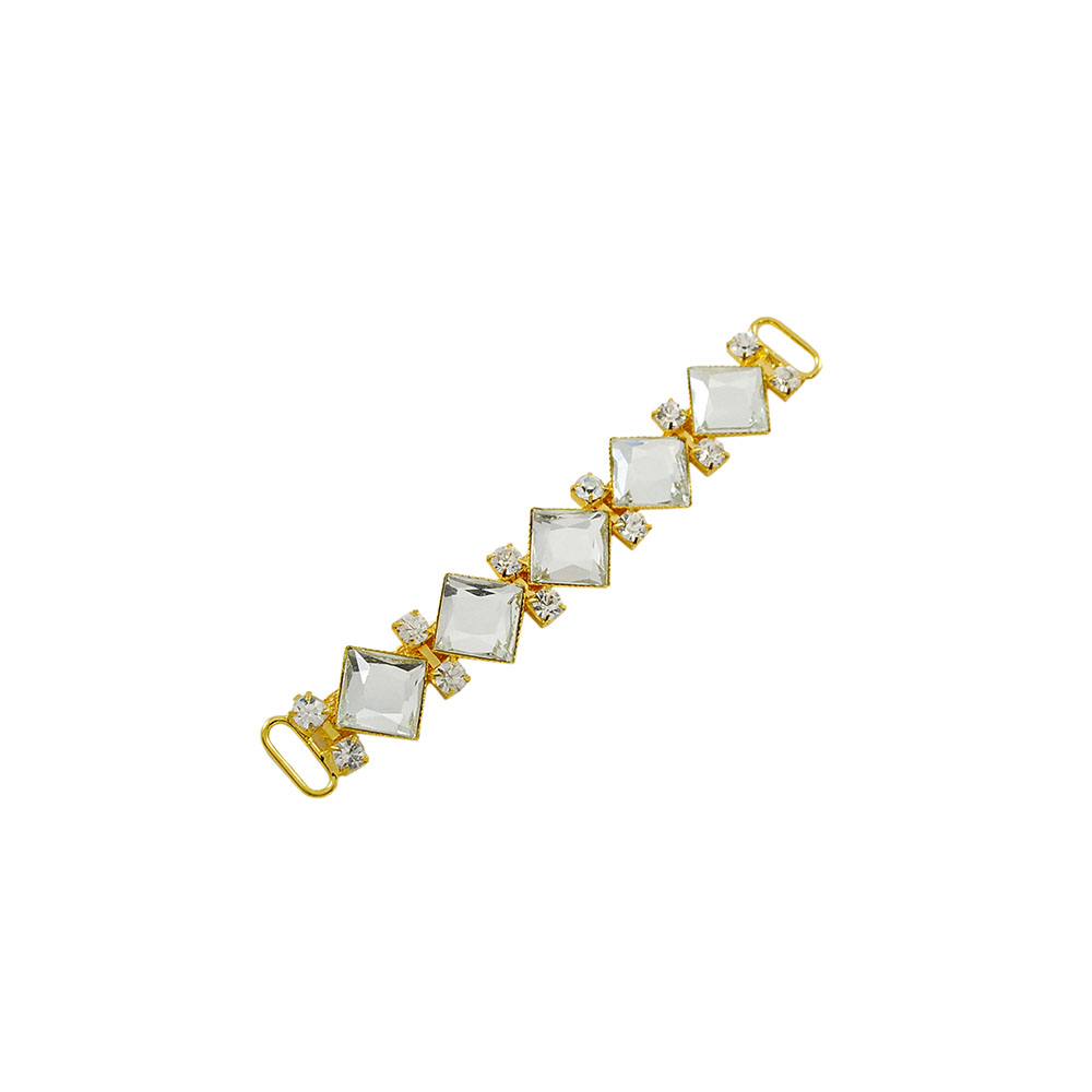 Укр.стекл.  9913 перетяж. 9*1,4см GOLD, 5 квадратн.камней желт.хамелеон, 6 пар бел.камни. Перетяжка металл со стразами
