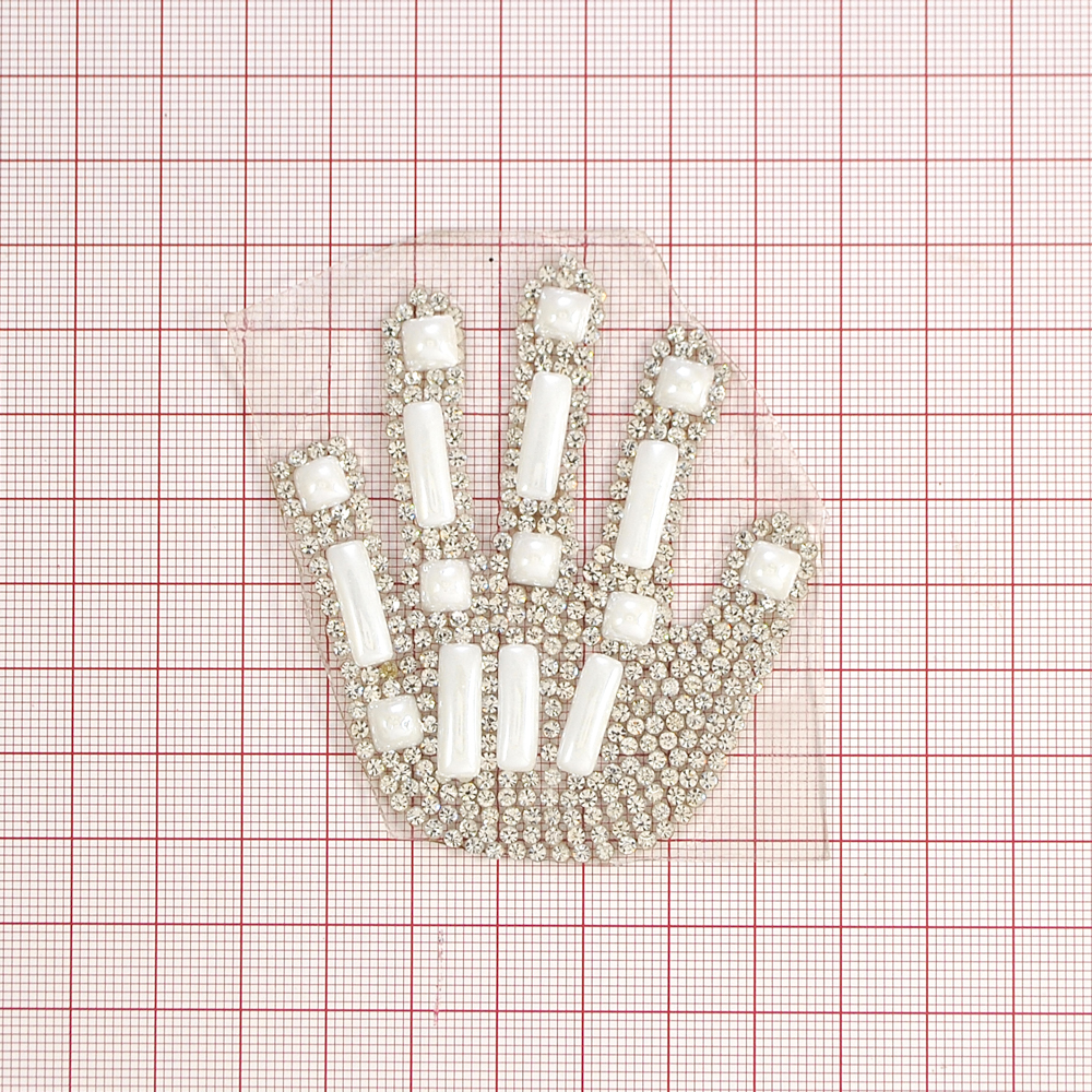 Аппликация клеевая стразы Рука левая 66*75мм белый прямоугольник 15*5мм, белые квадраты 6мм, белые 2мм, шт. Аппликации клеевые Стразы комб.