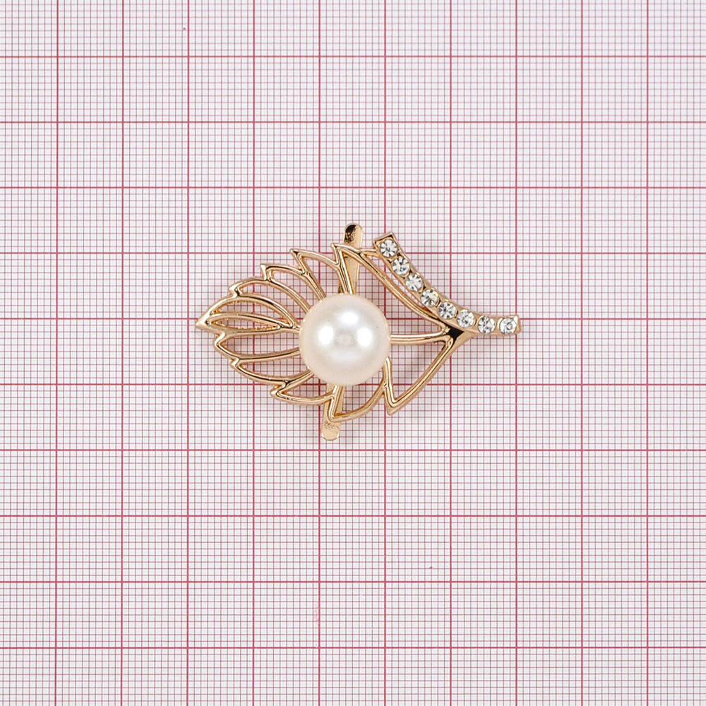 Краб металл Лист в белом жемчуге ПРАВЫЙ 54*40 золото, белые камни, белый жемчуг, шт. Крабы Металл Цветы, Жуки