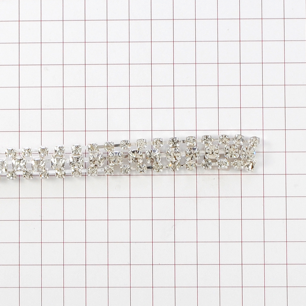 Тесьма стразы в 3 ряда 0,8см, камни белые, никель, ярд. Тесьма из страз