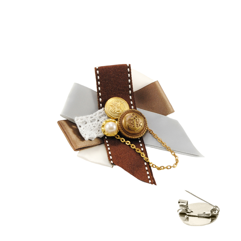 Брошь № 26 3 ленты коричневая, белая атлас, пуговицы GOLD, шт. Броши