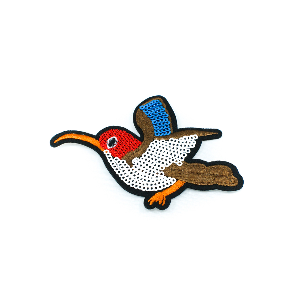 Аппликация клеевая пайетки Колибри 10*7см черный, коричневый, оранжевый, красный, белые и синие пайетки, шт. Аппликации клеевые Пайетки