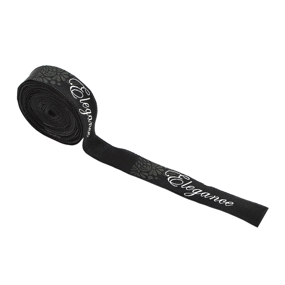 Этикетка тканевая вышитая Elegance №14, 1,2*7,6см, черно-белая с цветочным орнаментом /70 atki/ . Вышивка / этикетка тканевая