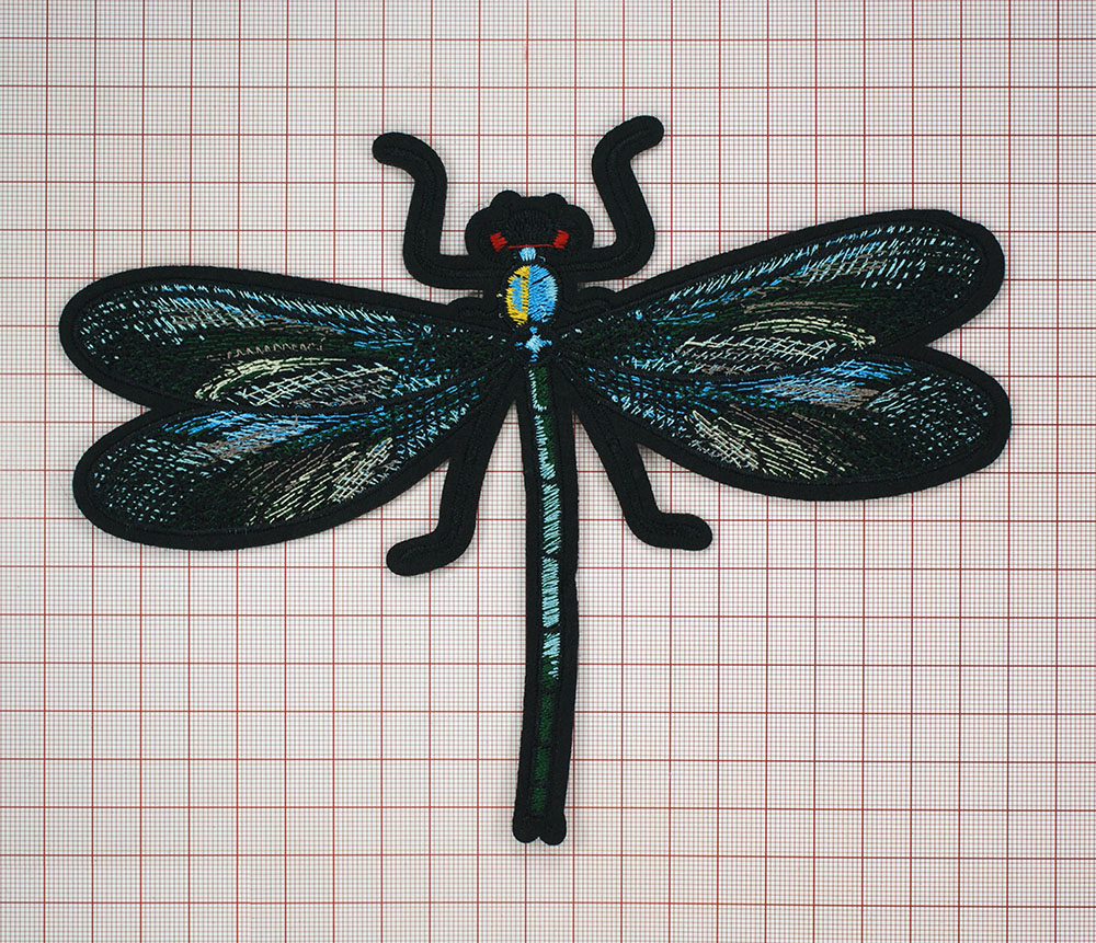 Аппликация тканевая пришивная Стрекоза 20*15см, черный, красный, голубой, желтый. Аппликации Пришивные Ткань, Органза