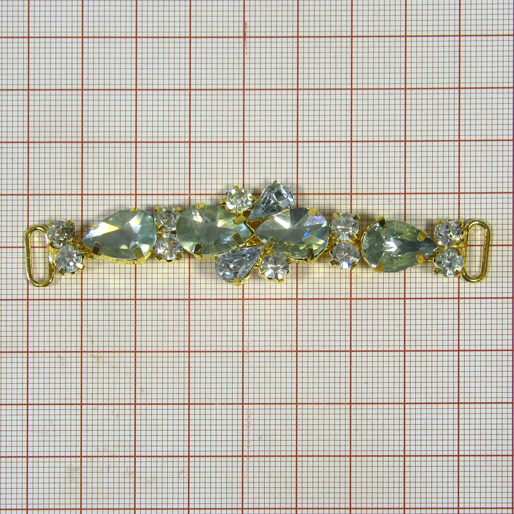 Укр.стекл.  9889 перетяж. 8,8*2,2см GOLD, 4 бел.камня капля, 4 пары мелк.бел.камни. Перетяжка металл со стразами
