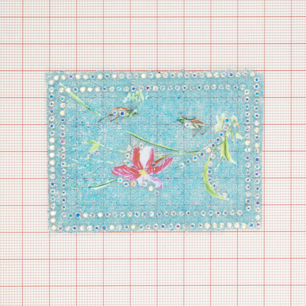 Аппликация клеевая стразы, стеклянная крошка Кузнечики и цветок 6*8см голубой бисер, хамелеон камни, шт. Аппликации клеевые Стразы комб.