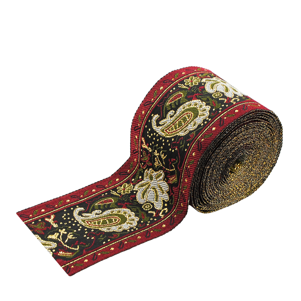 Тесьма декор. черно-вишнев., орн.серо-зел.цветы-люр.зол., 5см 100м. Тесьма