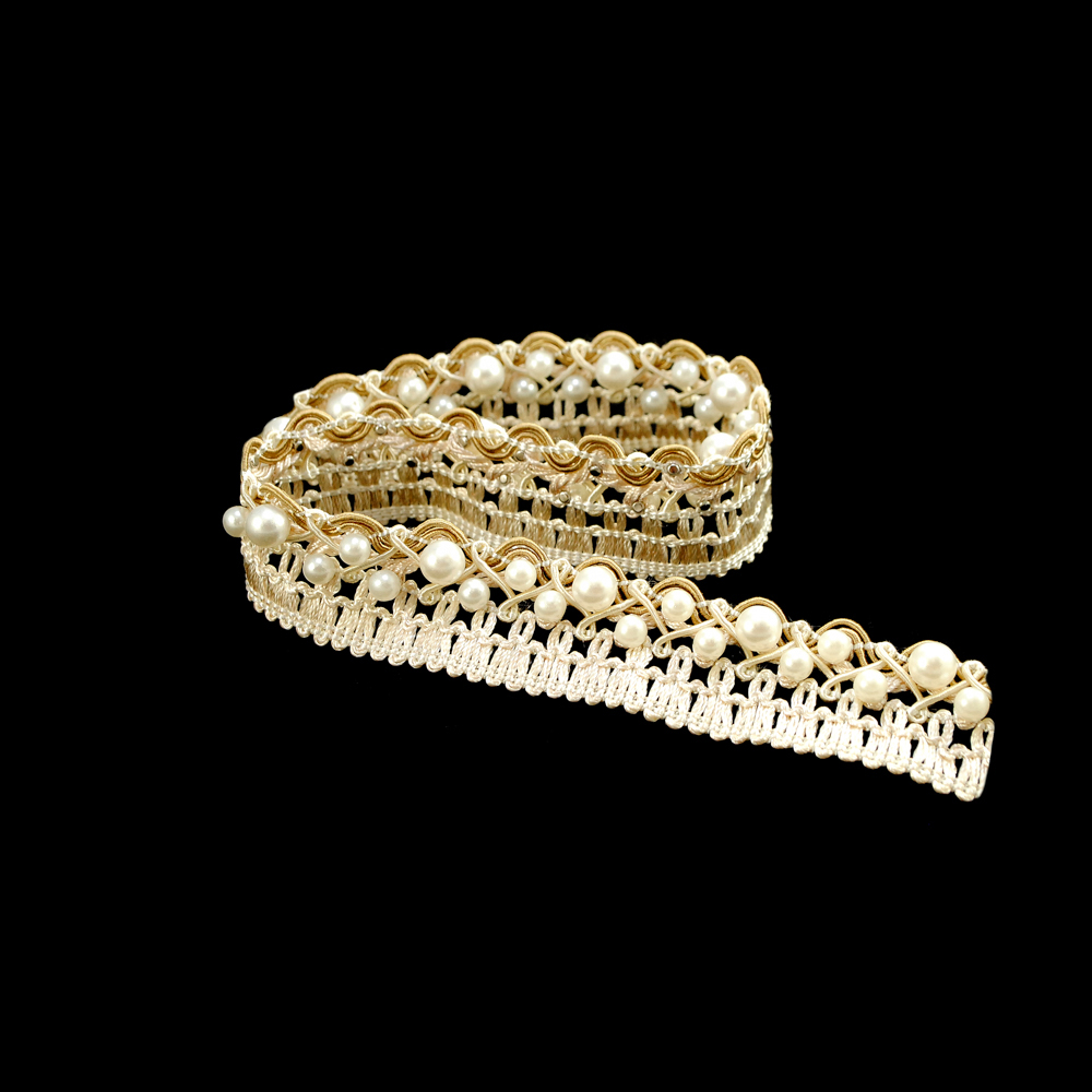 Тесьма ткань пришивная 2,8см Два ряда жемчуг петельки кремовый и бежевый, ярд. Тесьма