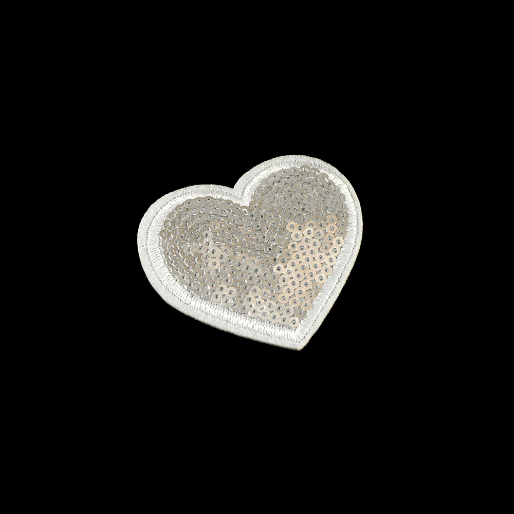 Аппликация клеевая пайетки Сердце 6*5,5см белый, серебро, шт. Аппликации клеевые Пайетки