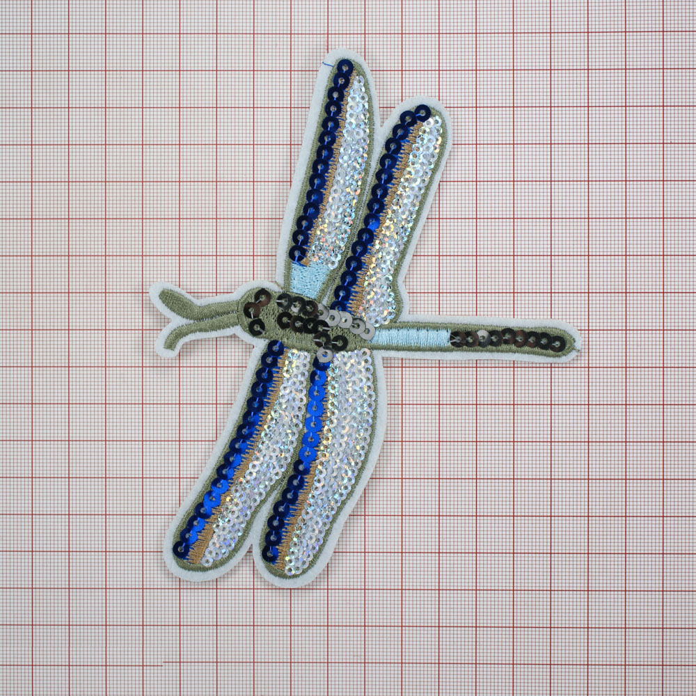 Аппликация клеевая пайетки Стрекоза 15*11,5см голубые, оранжевые, оливковые нити, синие, серебристые пайетки. Аппликации клеевые Пайетки