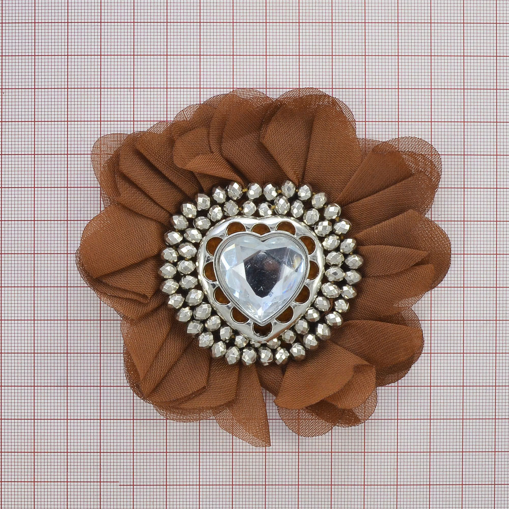 Аппликация декор Пион, сердце-бусины серебро коричнев.. Аппликация Декор