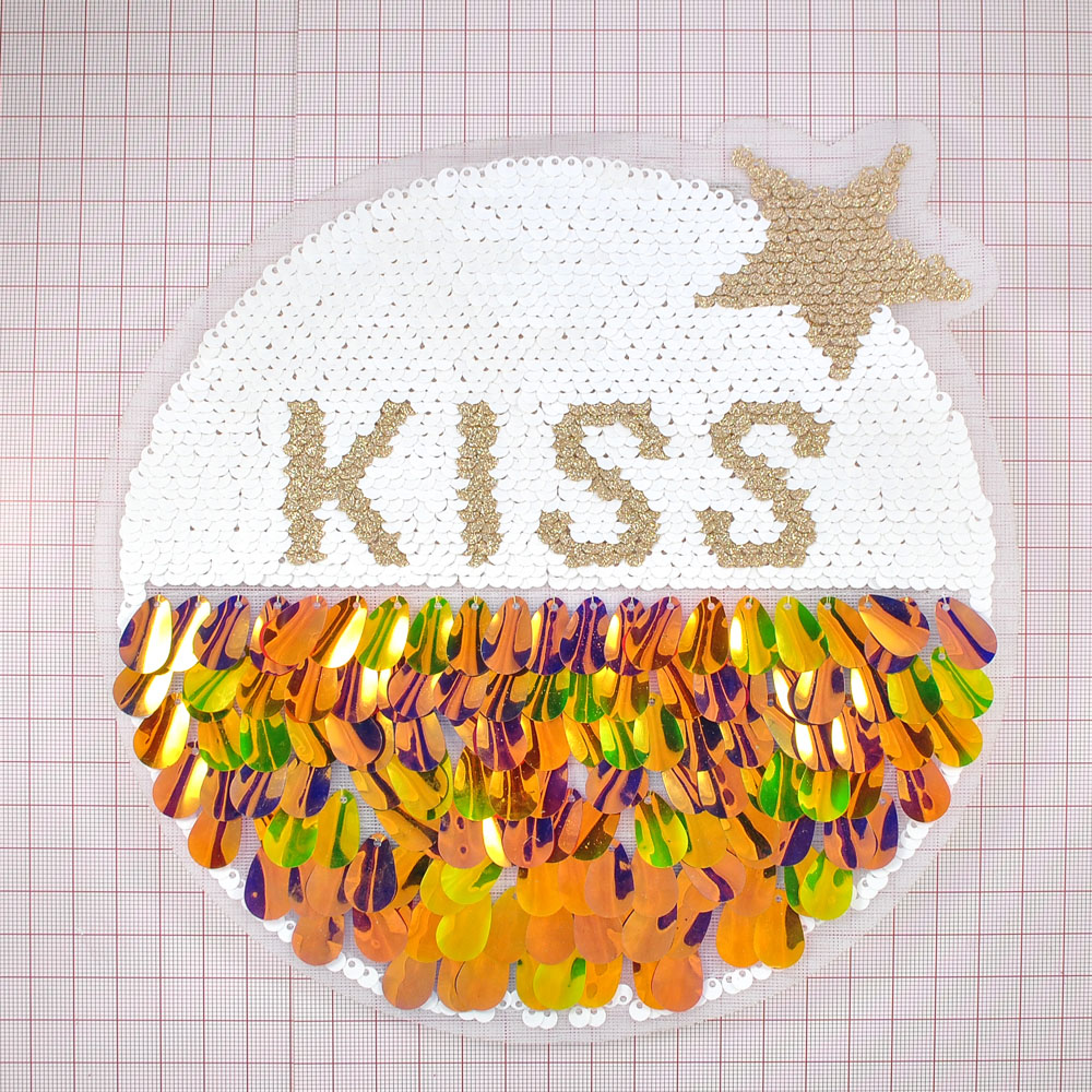 Аппликация пришивная пайетки Солнце  KISS, 20.5*20.5см, белый, желтый, золото, бежевый шт.. Аппликации Пришивные Пайетки