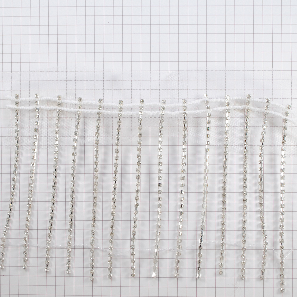 Бахрома из страз на сетке, белая основа, никель, бел.камни, 10см, ярд. Тесьма из страз