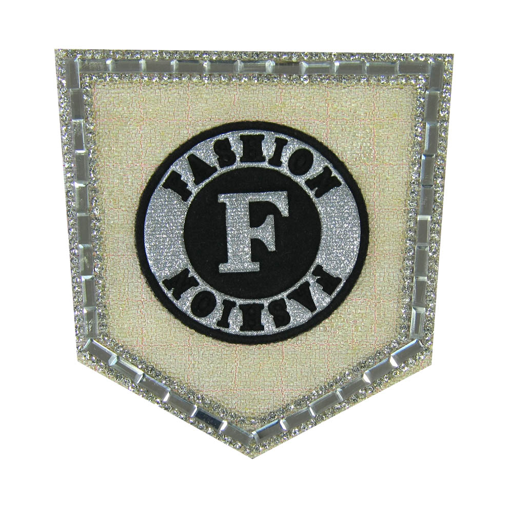 Аппликация клеевая стразы карман F светло-желтый хамелеон, серебро, черный замш, белые камни, 9*9см, шт. Аппликации клеевые Стразы комб.