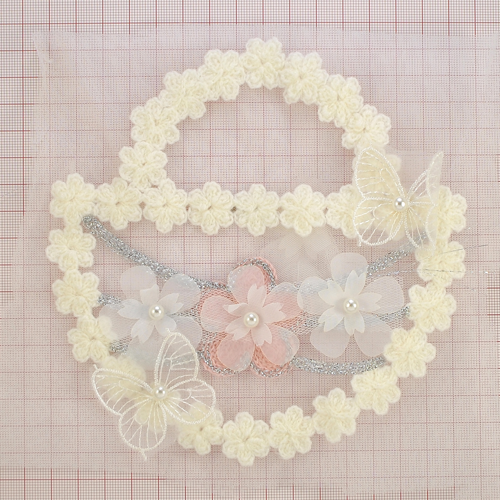 Аппликация кружевная пришивная Сумка с бабочками, 15,5*16см, белый, розовый, жемчуг, шт. Аппликации Пришивные Кружевные Вязаные