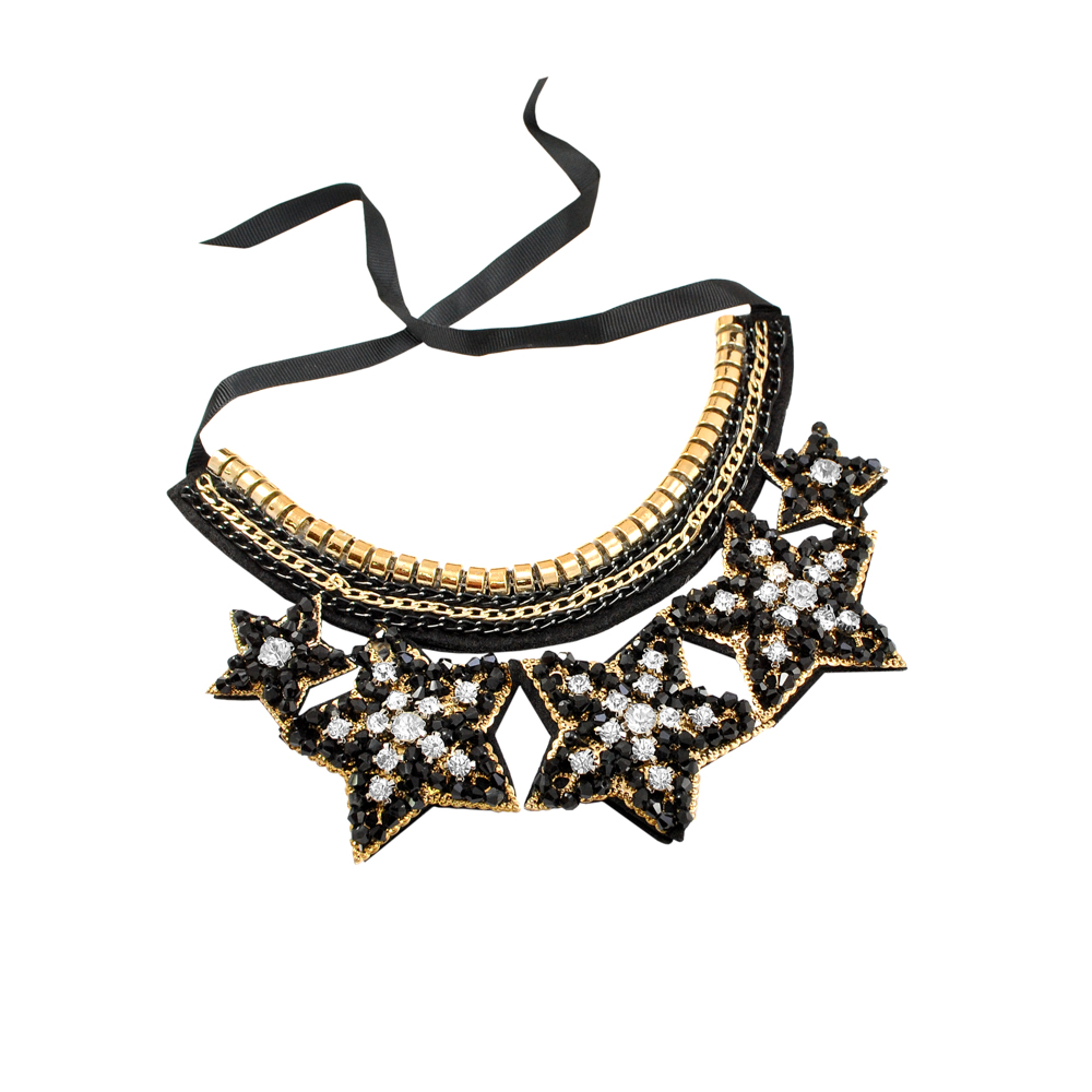Воротник BS-010 Звезды 18*14см черный, белые камни, GOLD, ленты, шт. Воротники