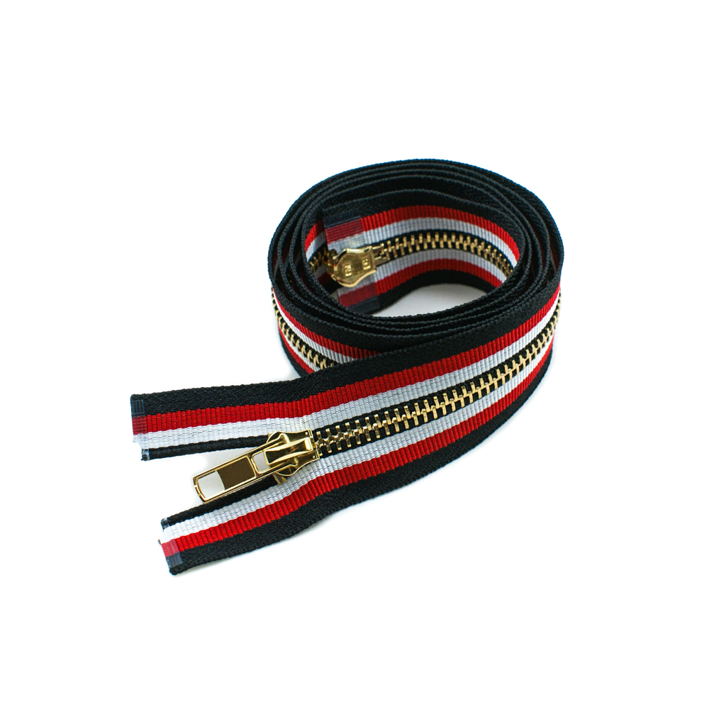 Змейка металлическая №5 120см, О/Е, Gold и черно-красно-белая полоска ткань, двусторонняя, шт. Змейка Металл