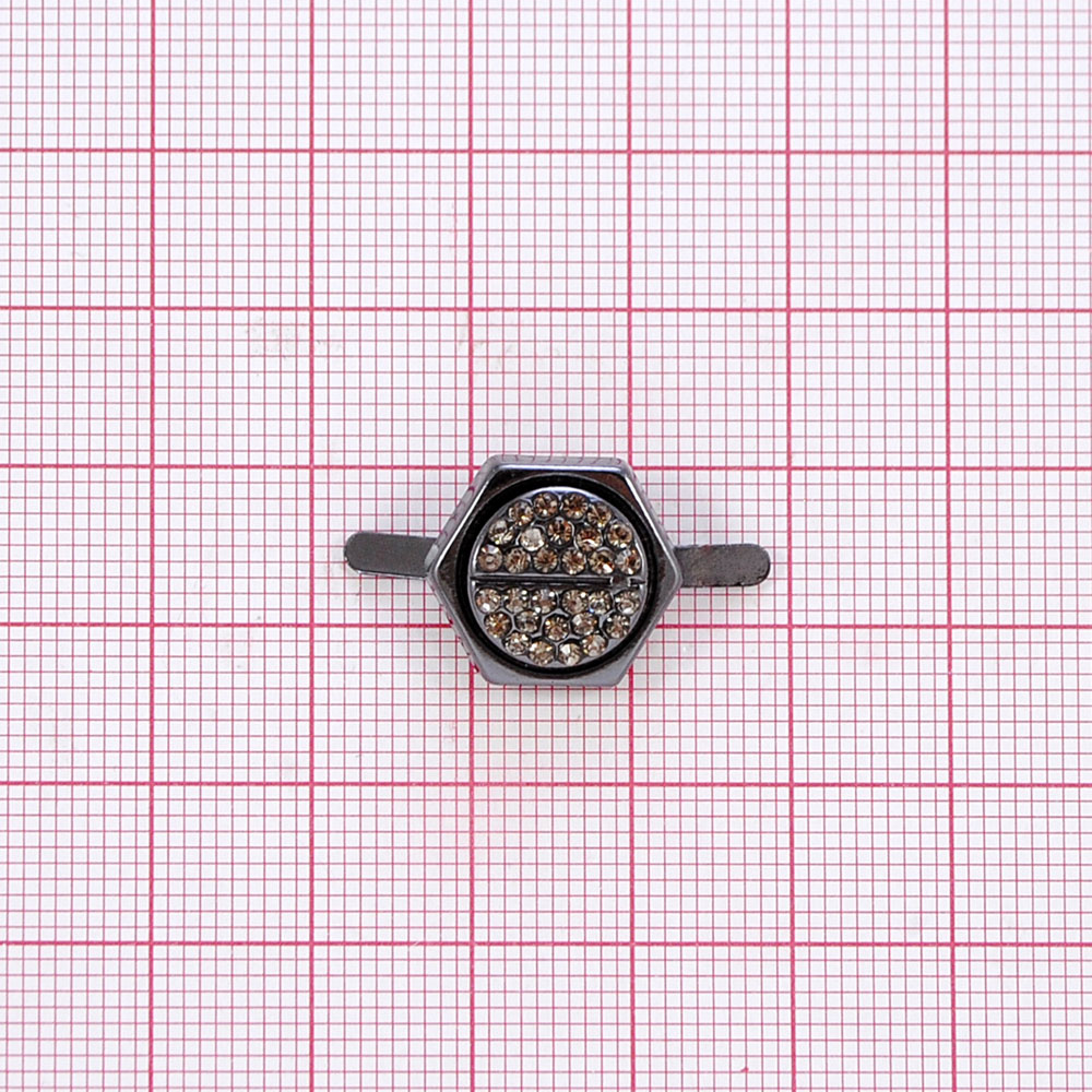 Краб камни и металл Таблетка в шестиугольнике, 1,6см, никель блек, бел.камни шт. Крабы Металл Геометрия Декор