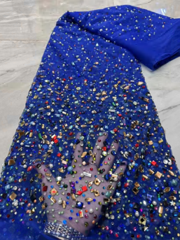 Сеть со стразами, ширина 130см, синяя, разноцветные камни, ярд. Сеть со стразами