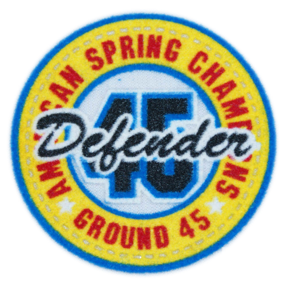 Термоаппликация флок Defender 45, 70*70мм, круглая, синий, желтый, красная надпись по кругу, шт. Термопереводки Флок