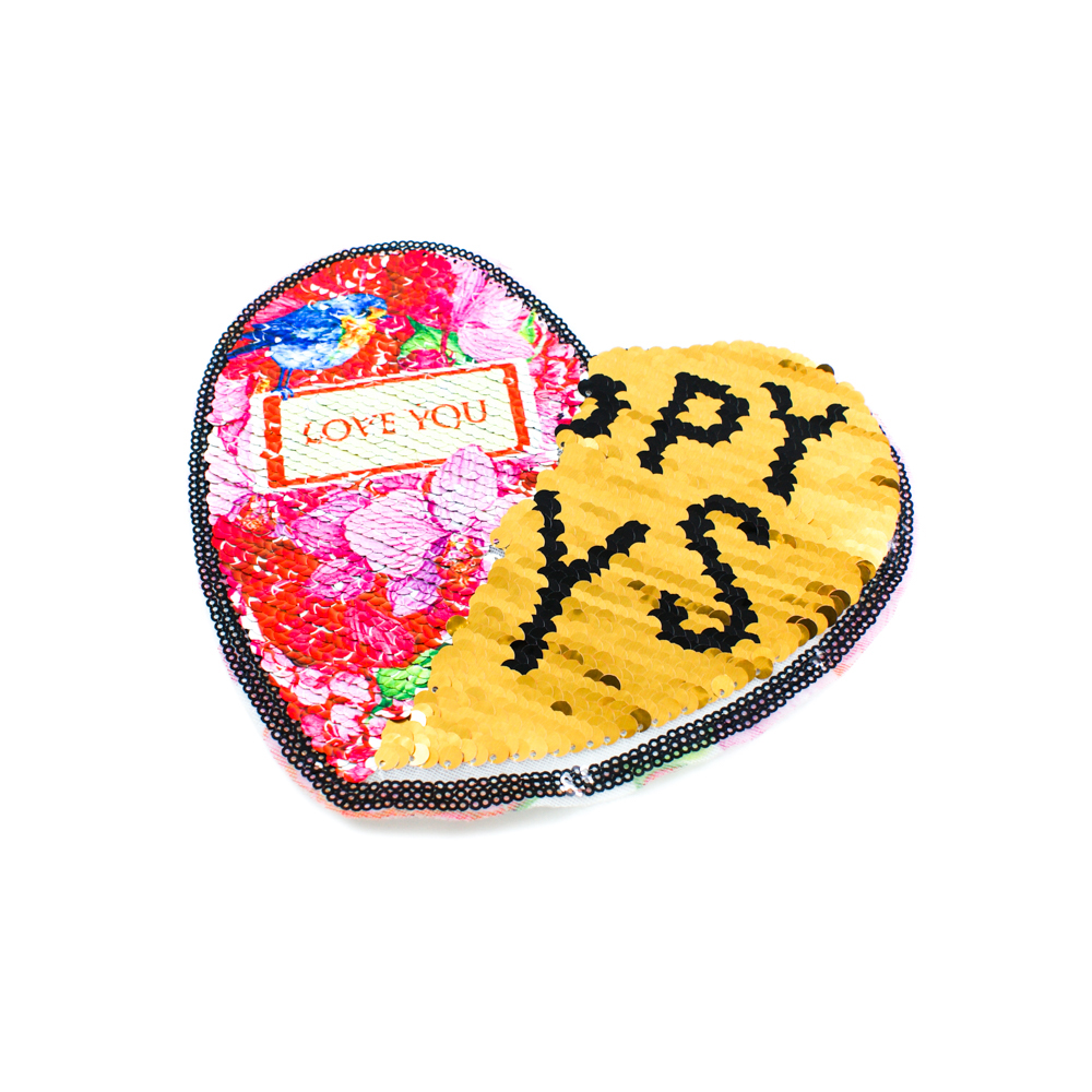 Аппликация пришивная пайетки двусторонняя Сердце LOVE YOU 21*18см цветные пайетки, шт. Аппликации Пришивные Пайетки