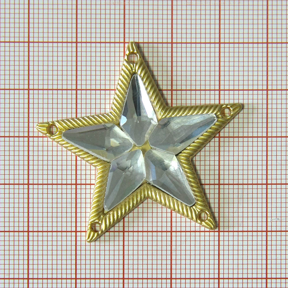 Лейба металл ЗВЕЗДА 43*43мм фигурная, пришивная с 5 отверстиями GOLD, белые камни. Лейба Металл