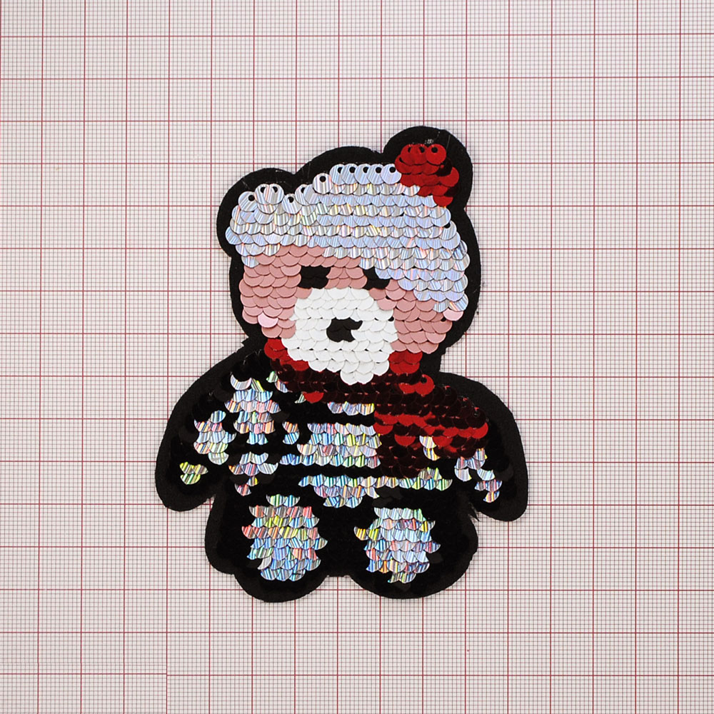 Аппликация клеевая пайетки двусторонняя Медведь 11,5*9см, черный, белый, красный, пудра, серебро, хамелеон, шт. Аппликации клеевые Пайетки