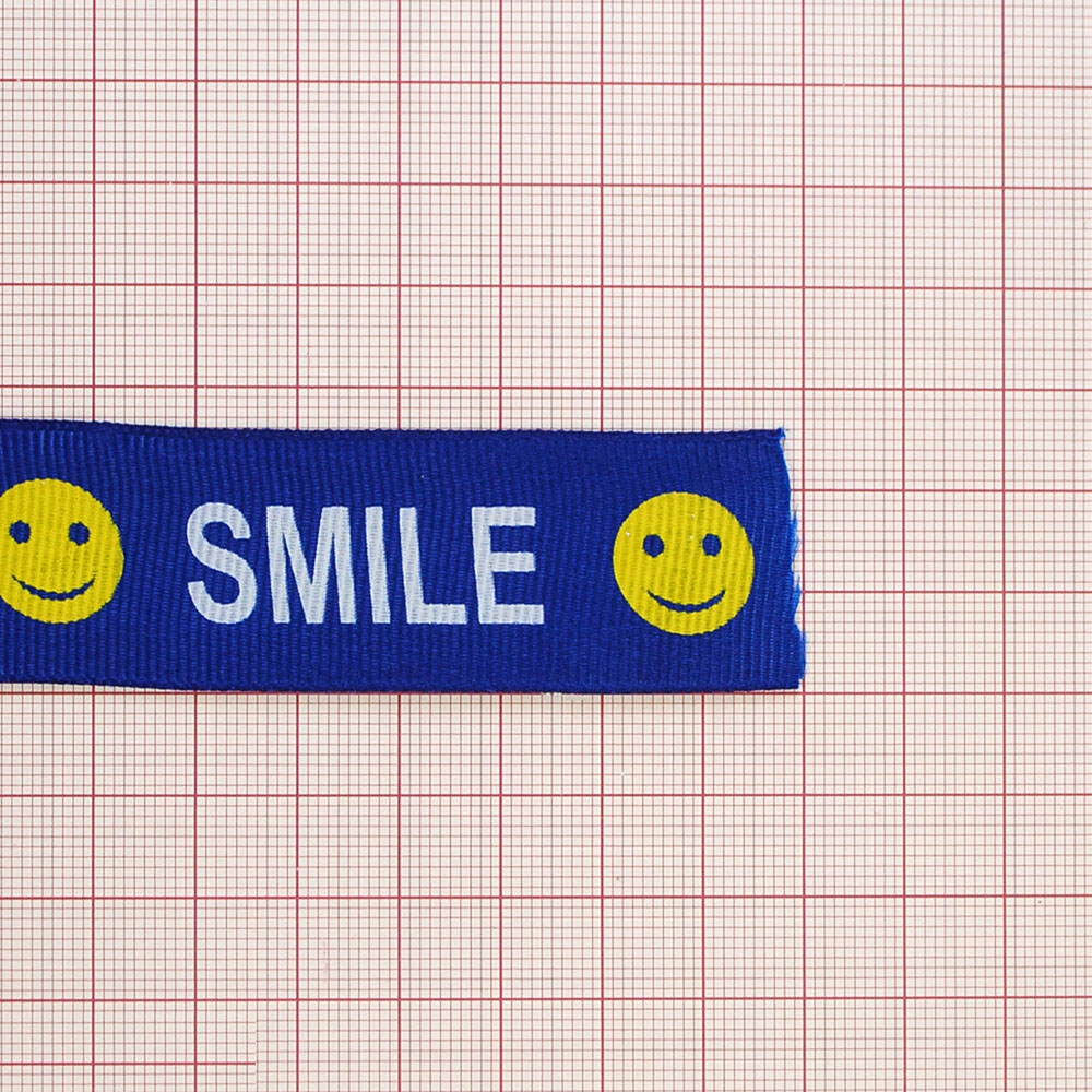 Тесьма SMILE 2,5см, сине-белая и желтый лого, ярд. Тесьма