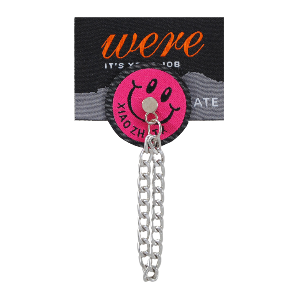 Лейба ткань Were, 5,3*3,7см, чёрн., фон, малин., сер., оранж., смайл, цепь никель, шт. Лейба Ткань