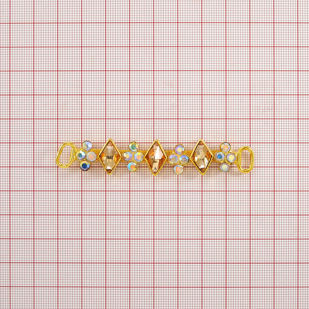 Укр.стекл.  HW-2122 перетяж. на цепи 8*1,4см GOLD, 3 желт.камня ромб, 4*4 бел.камни Цветки. Перетяжка металл со стразами
