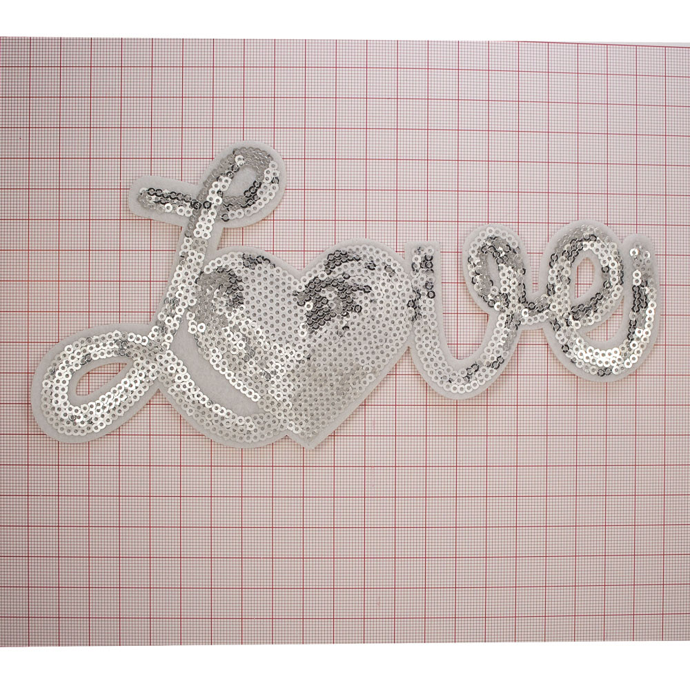 Аппликация клеевая пайетки LOVE и сердце 20*9см серебро пайетки. Аппликации клеевые Пайетки