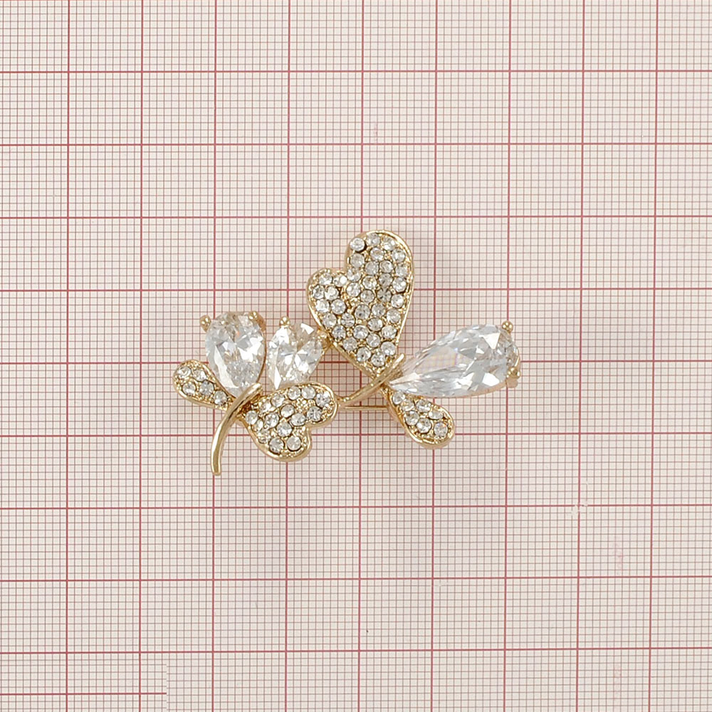 Брошь 44 Веточка 3 капли 32*45мм, GOLD, белые камни, шт. Броши