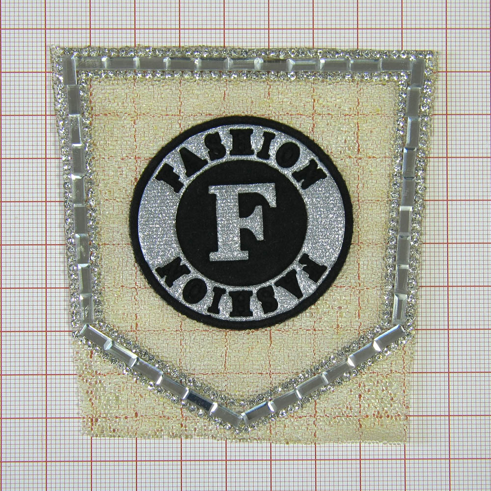 Аппликация клеевая стразы карман F светло-желтый хамелеон, серебро, черный замш, белые камни, 9*9см, шт. Аппликации клеевые Стразы комб.