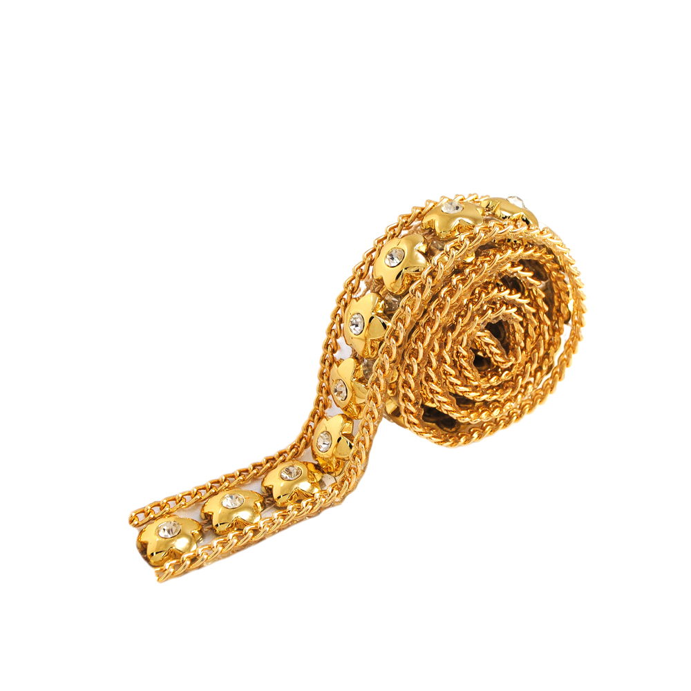 Тесьма стразы клеевые Ромашки 19мм цепь GOLD, камни белые 5мм, ярд. Тесьма из страз