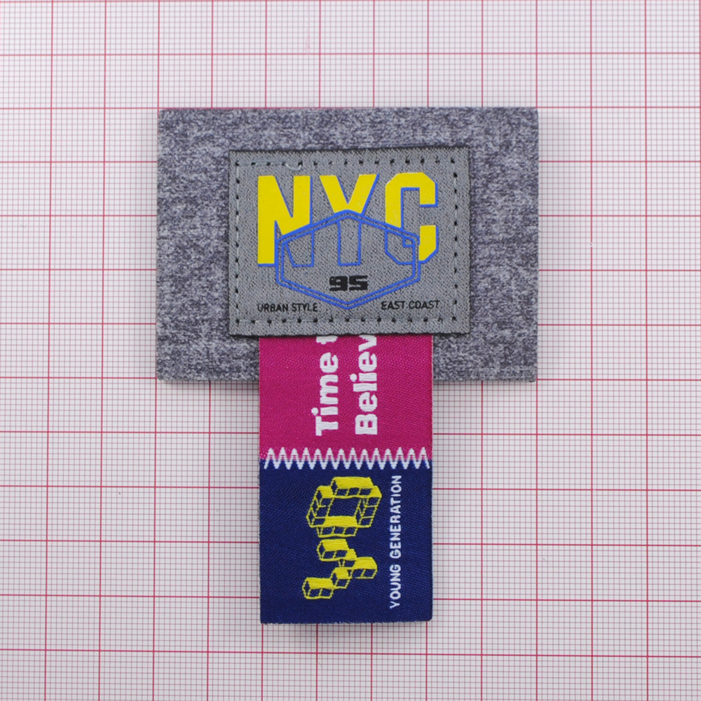 Лейба к/з и ткань NYC 95, 7*5см (флажок 4,4см), сер., роз., син., желт., шт. Лейба Ткань