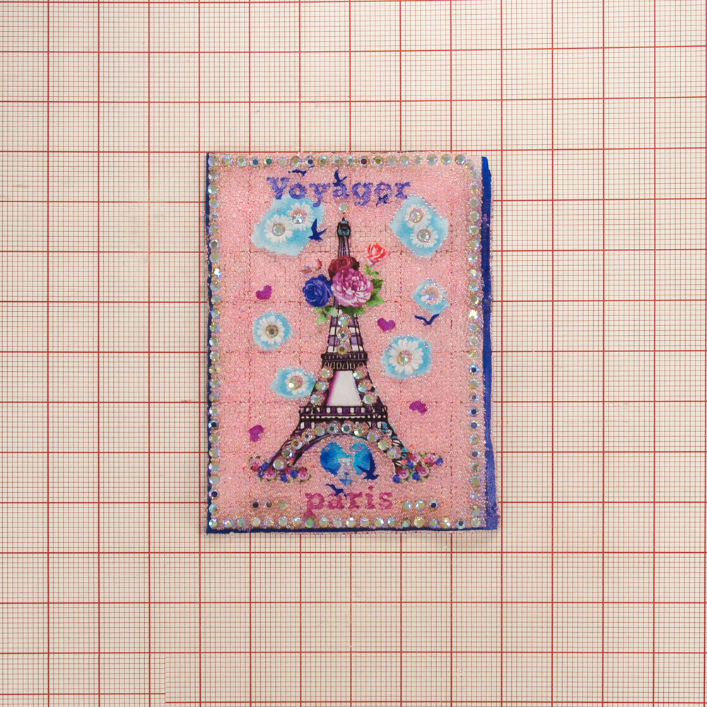 Аппликация клеевая стразы, стеклянная крошка Voyager Paris Башня 7,5*5,5см розовый, мелкие бусины, белые камни, шт. Аппликации клеевые Стразы комб.