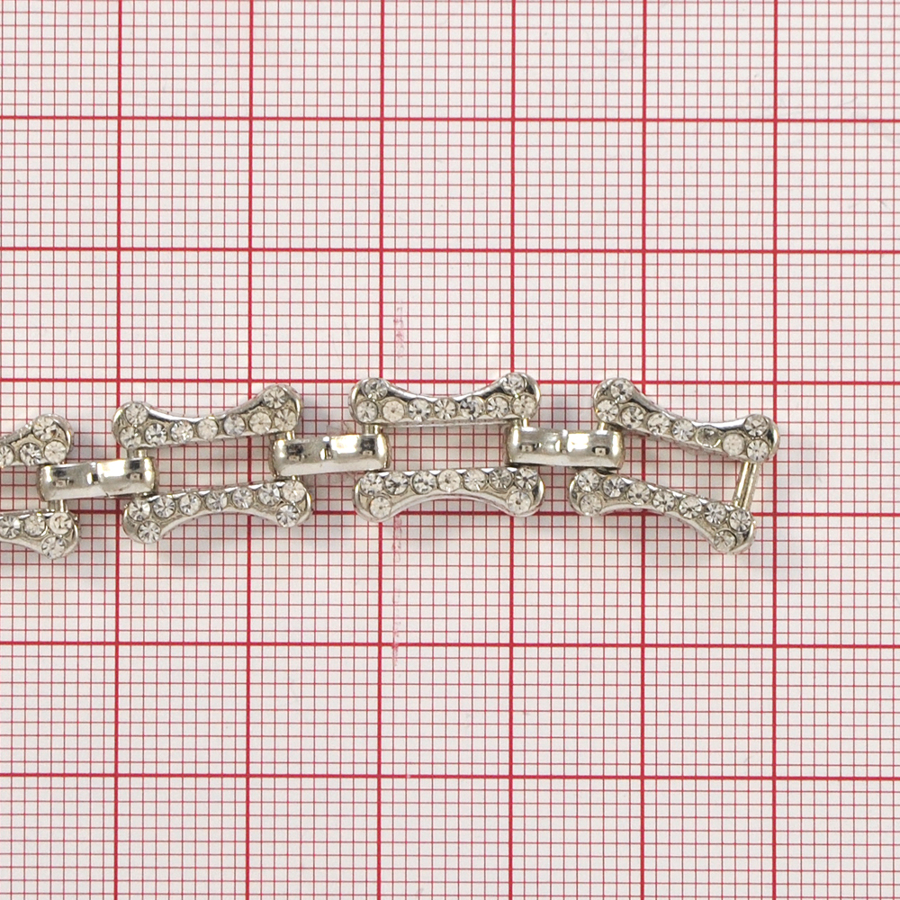 Тесьма металл и стразы Косточка, 1,5*1см, никель, белый, ярд. Тесьма из страз