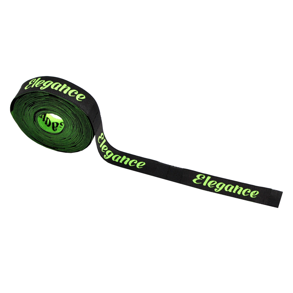 Этикетка тканевая вышитая Elegance №13, 1,2*6,6см черная, зеленый лого /70 atki/ . Вышивка / этикетка тканевая