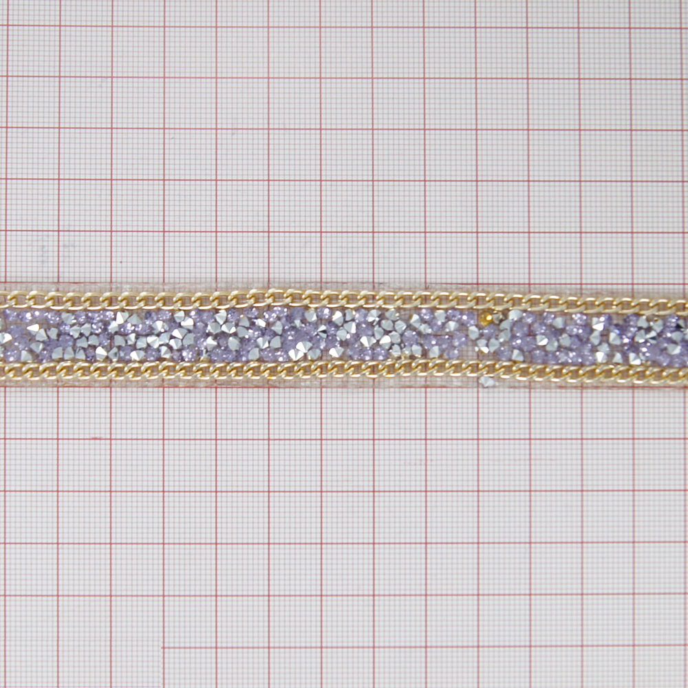 Тесьма стразы клеевая Гречка 18мм цепь GOLD, сиреневые с серебром, ярд. Тесьма из страз