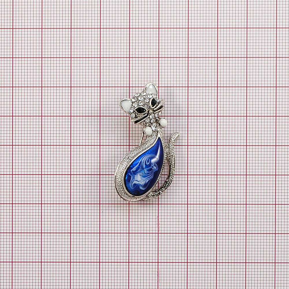 Брошь металлическая со стразами Кот в ошейнике, old silver, зеленый, белый, синий, шт. Броши