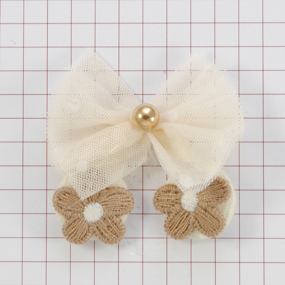 Аппликация тканевая пришивная детская Бант с цветами, 4*4см, белый, коричневый, бежевый, золотая бусина, шт. Аппликации Пришивные Цветы Банты