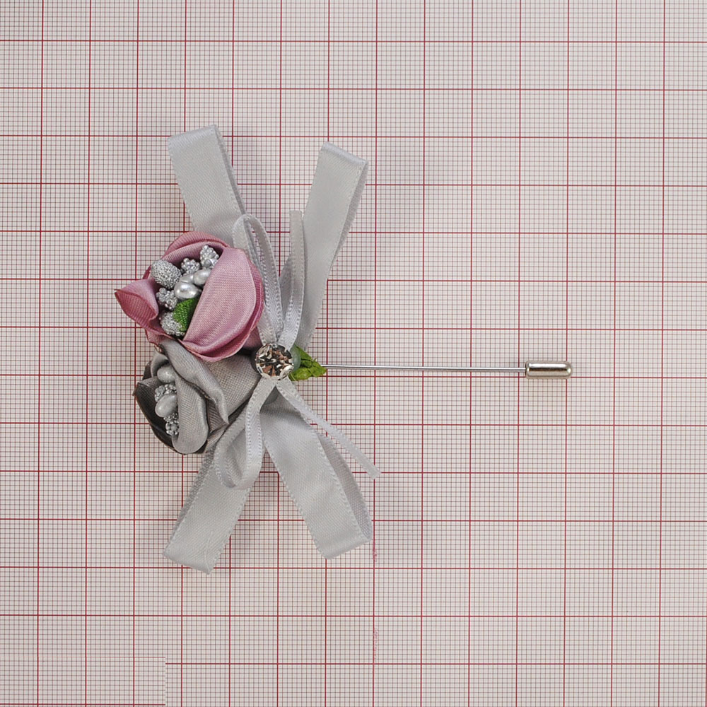 Булавка Цветок 5*10см никель, серый, розовый, белый камень, шт. Булавки