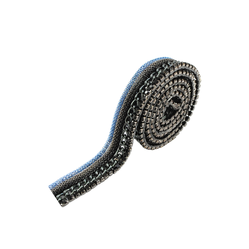 Тесьма стразы клеевые C14-2,1,3см голубой, черный NIKEL с черными камнями, ярд. Тесьма из страз